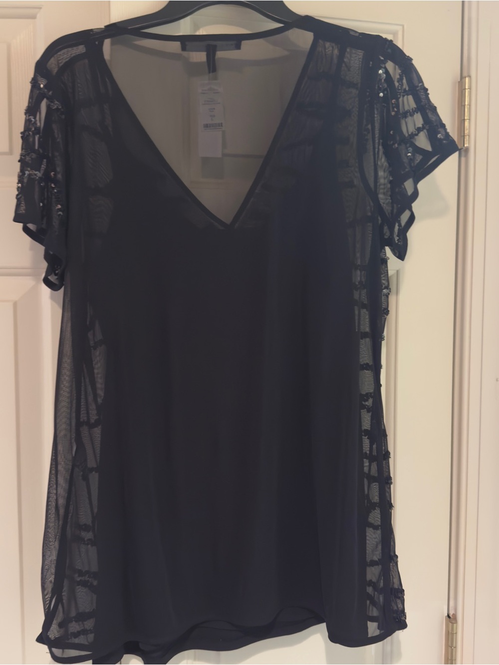WHBM Black Sequin Mesh V-Neck black Blouse  size L NWT detachable tank inside - Picture 9 of 13